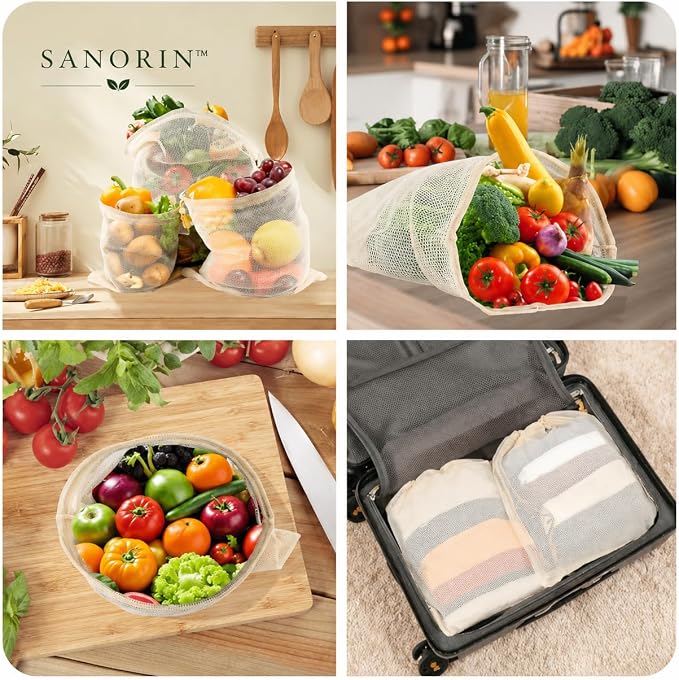Reusable Cotton Produce Bags (10 Pack + 1 Premium Stotage Pouch) - Organic Cotton Mesh Bags for Fruits & Vegetables, Washable, Double-Stitched, Tare Weight, Eco-Friendly Storage (4L, 4M, 2S)