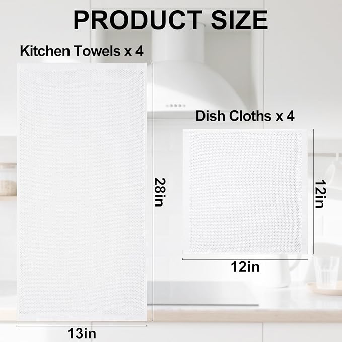 Homaxy 8 Pack 100% Cotton Kitchen Towels and Dishcloths Set, White | 12 x 12 Inches and 13 x 28 Inches Kitchen Towels Set, Ultra Soft Absorbent Dish Cloths for Washing Dishes