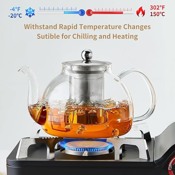DOPUDO 42OZ (1250ML) Glass Teapot with Infuser Stovetop Safe, Clear Glass Tea Pot Kettle, Borosilicate Tea Pot with Infusers Filter for Loose Tea, Tea Kettle Dishwasher Safe
