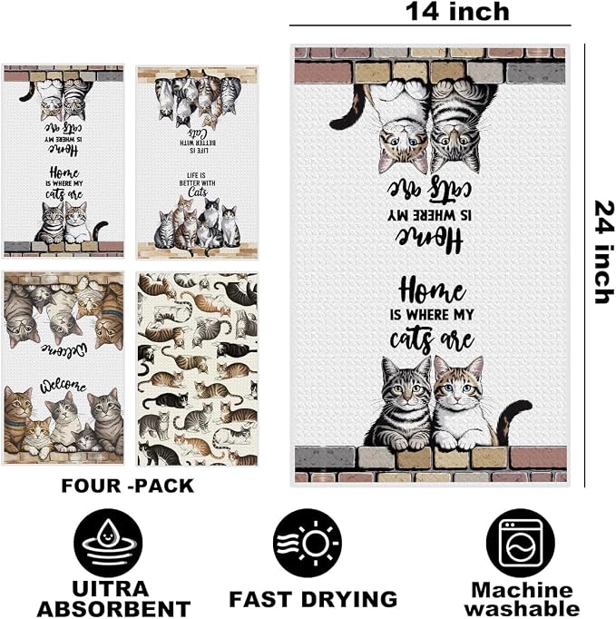 4 Pcs Cute Cat Kitchen Towels 24x14 Inch, Cats Gifts Absorbent Hand Towels | Cat Lover Gifts for Women Mom Microfiber Dish Cloths for Drying Dishes, Waffle Dish Towels for Kitchen Home Decor