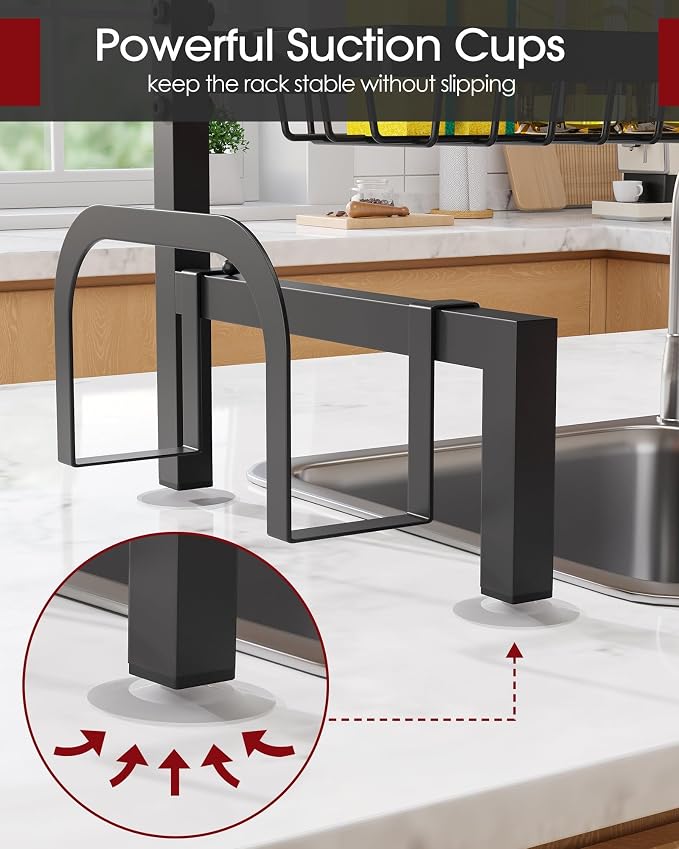 Sakugi Over The Sink Dish Drying Rack - Adjustable 2 Tier Large Capacity Stainless Steel Drainer with Cutlery & Utensil Holders, Kitchen Storage & Organization, 30"-33.9" L x 11" W x 21.5" H, Black