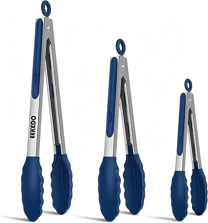 Kitchen Tongs, Stainless Steel Cooking Tongs with Silicone Tips, 600ºF High Heat-Resistant Non Scratch Locking Tongs for Cooking BBQ Grilling Air Fryer Pans, Set of 3 (7" 9" and 12") Navy Blue