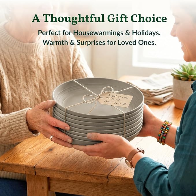 Deep Dinner Plates Set of 8 Alternative for Plastic Plates Microwave and Dishwasher Safe Wheat Straw Plates for Kitchen, Camping Unbreakable Lightweight Round Plate Set (Grey, 9 inch)