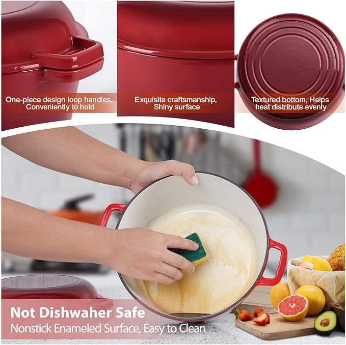 TeamFar 5qt Dutch Oven, Pre-seasoned Cast Iron for Bread Baking, Red | 2-in-1 Bread Pan with Skillet Lid, Oven & Stovetop Safe for Baking Frying Stewing Grilling, Home Use Or Outdoor Camping