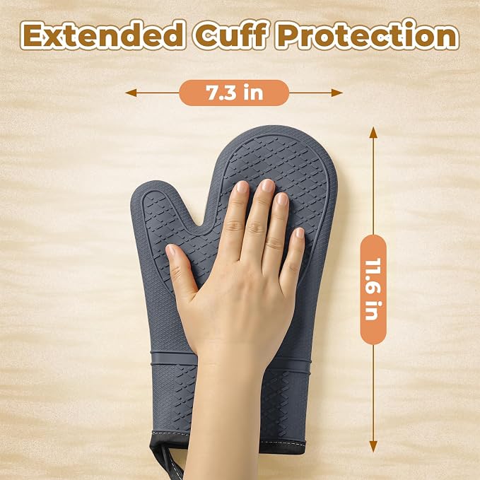 Heat Resistant Silicone Oven Mitts, Up to 500°F Protection for Baking & Grilling, 1 Pair (Grey, Standard Thickness)