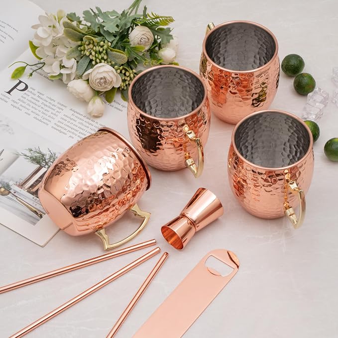 Amrules 4 Pcs 16oz Moscow Mule Mugs Hammered with Bar Accessories | 304 Stainless Steel Lining, Hammered Finish, Firm Handle, Include Straws, Opener & Jigger, for Cocktails, Wine, Beer & Party
