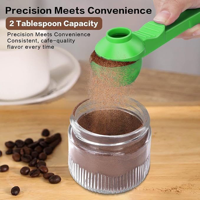 2-in-1 Coffee Scoop with Funnel, 2 Tbsp Measuring Spoon for Reusable K Cups, Ground Coffee, Protein Powder & Tea, Mess-Free Plastic Design（Green-1pack）