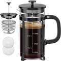 QUQIYSO French Press Coffee Maker 21oz,Borosilicate Glass Coffee Press | Thickened Glass Stainless Steel Coffee French Press,Easy to Clean,4 Filter Suitable for Kitchen Party Camping Gifts(Black)