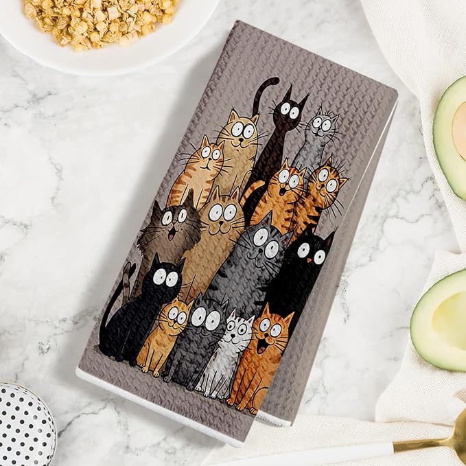 Jztco 2 Pcs Cute Cat Kitchen Towels, Cats Gifts Absorbent Hand Tea Towel