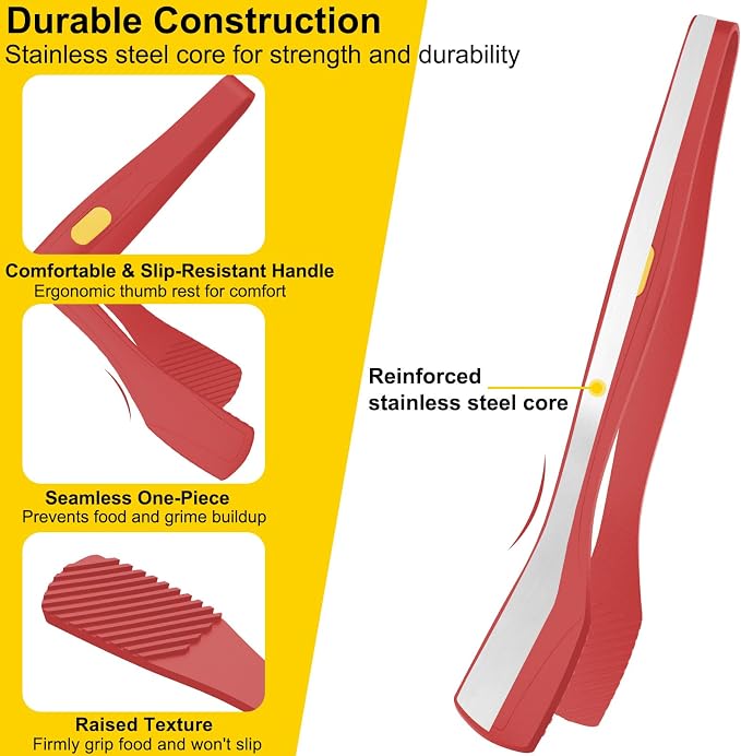 Beijiyi Silicone Kitchen Tongs for Cooking, 9" & 12", Heat Resistant (Red) | BPA-Free Silicone Tip, Non-Stick Safe, Stainless Steel Core, Food Tongs for Cooking, Serving and Grilling, Dishwasher Safe