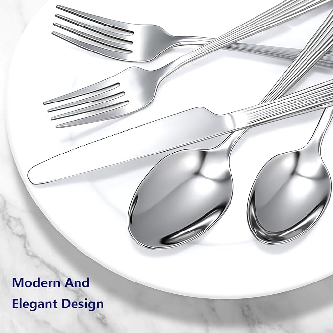 Yoehka 60Piece Hammered Silverware Set,Stainless Steel Flatware Set for 12 | Roman Column Handles, Mirror Polished, Include Spoons/Forks/Knives, For Home, Restaurant, Hotel, Dishwasher Safe