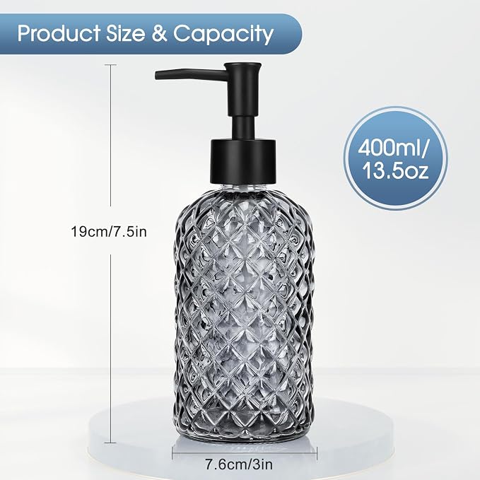 Topsky Gem Glass Soap Dispenser with Black Plastic Pump, 13oz Liquid Hand Soap Dispenser, Rustproof Pump for Kitchen & Bathroom, Great for Lotions, Essential Oil, Liquid Soaps-Gray