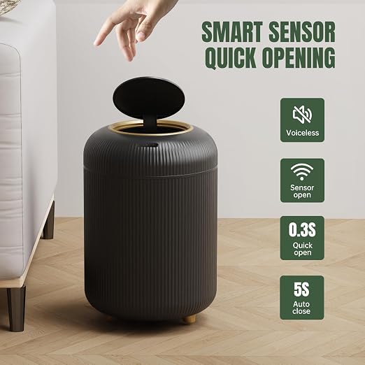 URALFA Motion Sensor Bathroom Trah Can, Automatic Touchless Trash Can | 3 Gallon Bathroom Garbage Can with Lid, Smart Trash Bin for Bedroom, Office, Restroom, Removable Legs, Black and Gold