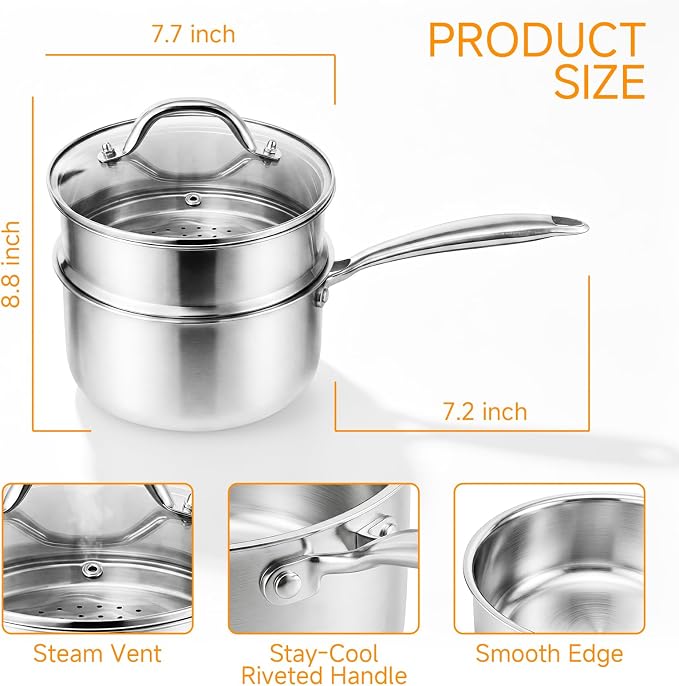 Ohtomber 2.5 Qt Tri-Ply Stainless Steel Saucepan with Steamer Basket & Lid | Nonstick, Saucepan with Stay-Cool Handle, Induction Safe, Medium Cooking Pot, Ideal for Vegetables, Oatmeal, Daily Steaming