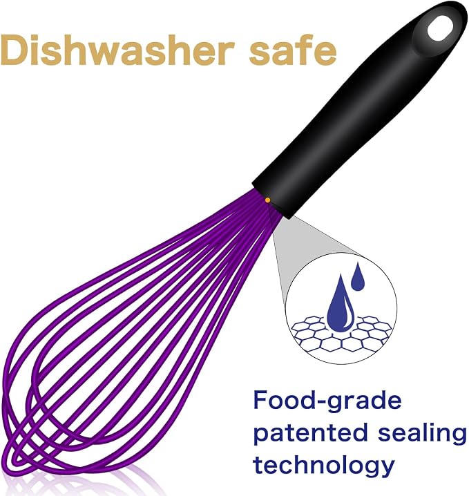 OYV Purple Silicone Whisk Set of 3, 8/10/12 Inch, Dishwasher Safe | Sealed Waterproof Handles, Non-Scratch Silicone-Coated Wires, Nonstick-Safe, Durable Stainless Steel Cores, Easy To Clean