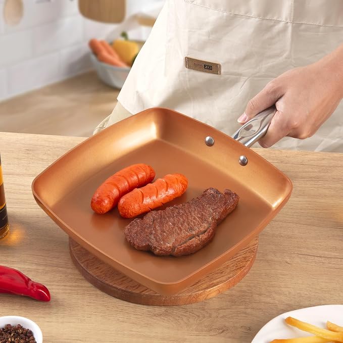Toutrop 2 Pcs Non-stick Copper Frying Pan Set, 10" & 9.5" Chef Skillet with Ceramic Coating, Oven Dishwasher Safe, PFOA-Free, Home Use for All Stoves,10" Round+9.5" Square