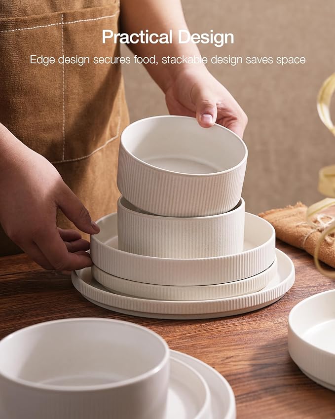 Famiware Star 12pc Stoneware Dinnerware Sets for 6-10.5" & 8" Flat Plates | Ceramic Dishes with Llipped Edges, Chip & Scratch Resistant, Microwave & Dishwasher Safe, Everyday Dining, Cappuccino White