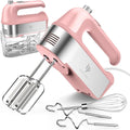 Hand Mixer Electric, 450W Kitchen Mixers with Scale Cup Storage Case, Turbo Boost/Self-Control Speed + 5 Speed + Eject Button + 5 Stainless Steel Accessories, For Easy Whipping Dough, Cream, Pink