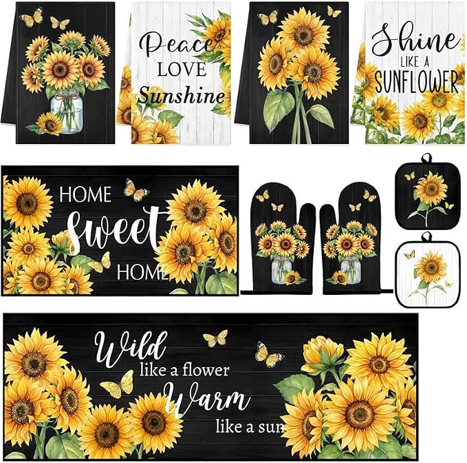 10 Pcs Kitchen Decor and Accessories Set, Sunflower | Floral Farmhouse 4 Dish Towels Kitchen Rugs 2 Oven Mitts 2 Pot Holders, Home Decor for Cooking Baking BBQ Housewarming