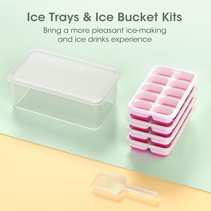 DOQAUS Ice Cube Tray with Lid and Bin,4 Pack Ice Cube Trays for Freezer | Silicone,Stackable.Easy Release Trays with Storage Bin & Scoop. Ideal for Freezer, Kitchen, RV, Cocktail, Coffee.
