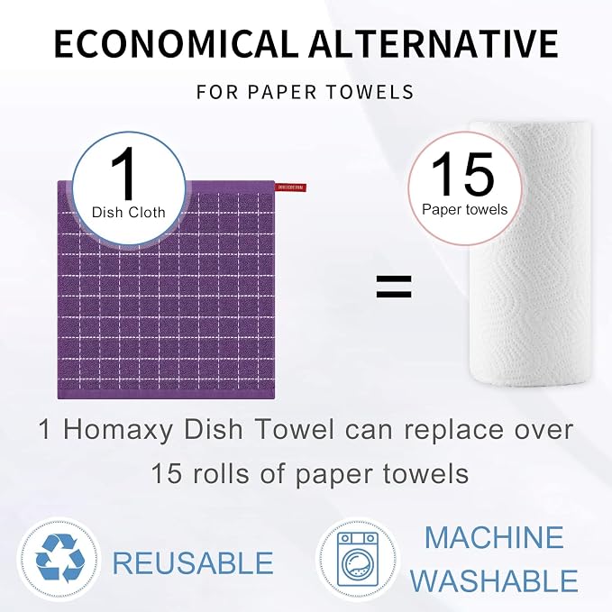 Homaxy 100% Cotton Terry Kitchen Dish Cloths, 12 Pack, Purple | Ultra Soft and Absorbent, Suitable for Drying and Washing Dishes