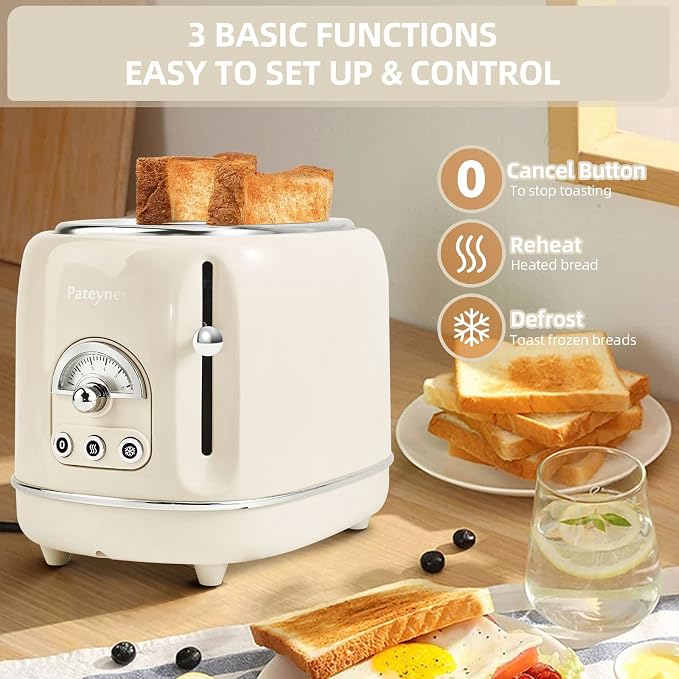 Retro Stainless Steel Toaster - 2 Slice, Extra-Wide Slot, 6 Adjustable Settings, Removable Crumb Tray, Defrost, Cancel, Reheat (Cream)