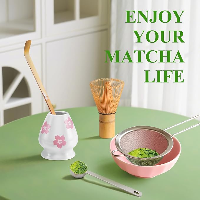 YIBO Matcha Whisk Set, Matcha Making Kit Bamboo Whisk (Chasen), White Ceramic Whisk Holder Stand, Sifter, Scoop Japanese Tea Tools For Ceremony Gift
