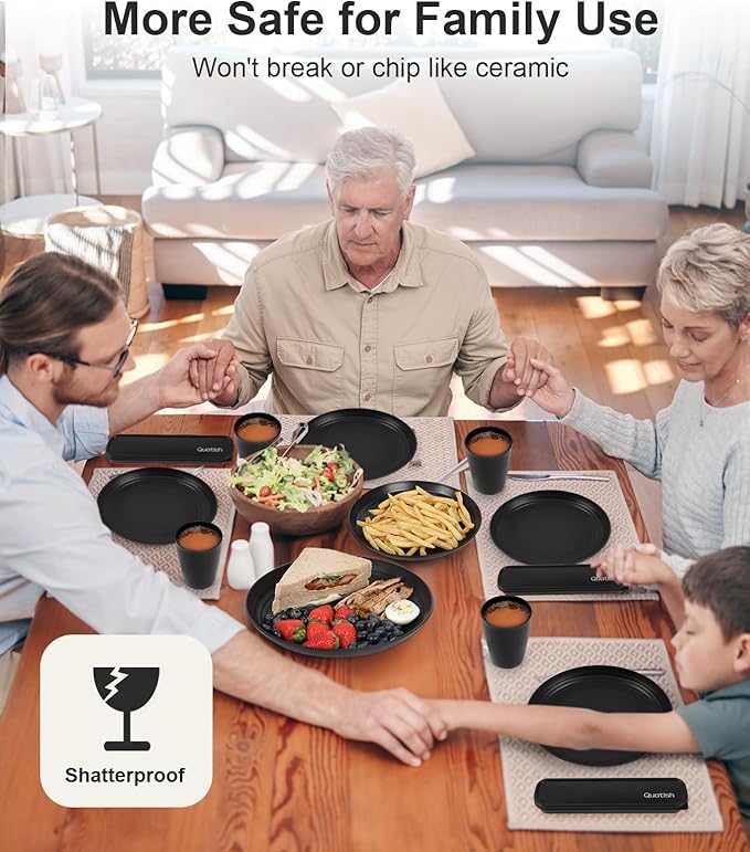 Quatish 32 Piece Plates and Bowls Sets for 8, Unbreakable Dinnerware Sets, Dish Set for Camping, Dishwasher Microwave Safe, Outdoor Kitchen and Apartment Dorm Dinning RV Essentials, Black