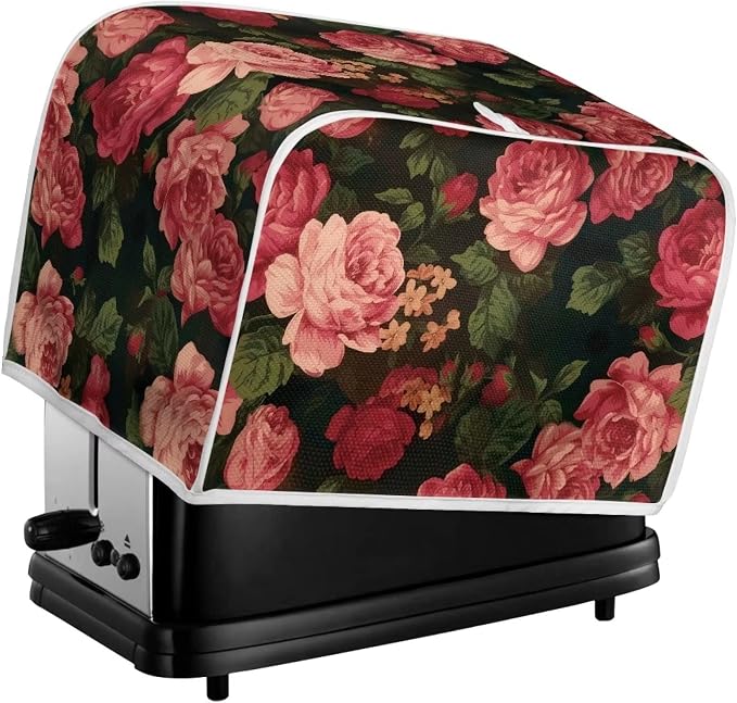 Flower Peony Toaster Cover - 2 Slide Wide Slot Small Appliance Decoration Accessory, Dustproof Bakeware Cover, Red