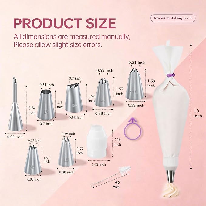 Reusable Piping Bags and Tips Set, 16inch Cotton Pastry Bags | 304 Icing Tips 1A 1M 4B 114 853 895 puff tip For Cake Decorating, Cupcakes, Cookies, Durable Baking Tool Kit