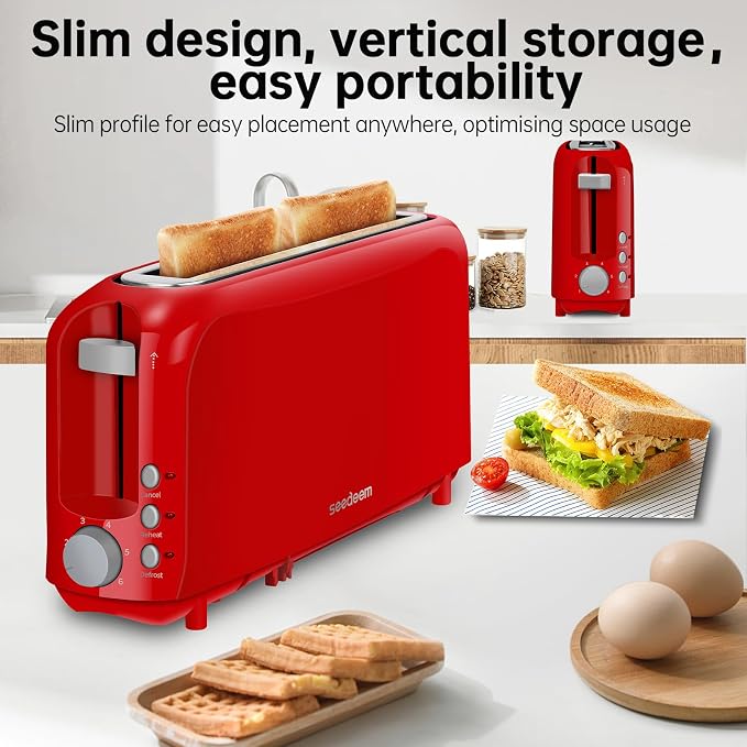 SEEDEEM 2 Slice Slim Toaster, 10" Long Slot, 6 Shade Settings, Red | Long Slot, 6 Shade Settings, Cancel/Reheat/Defrost, Removable Crumb Tray