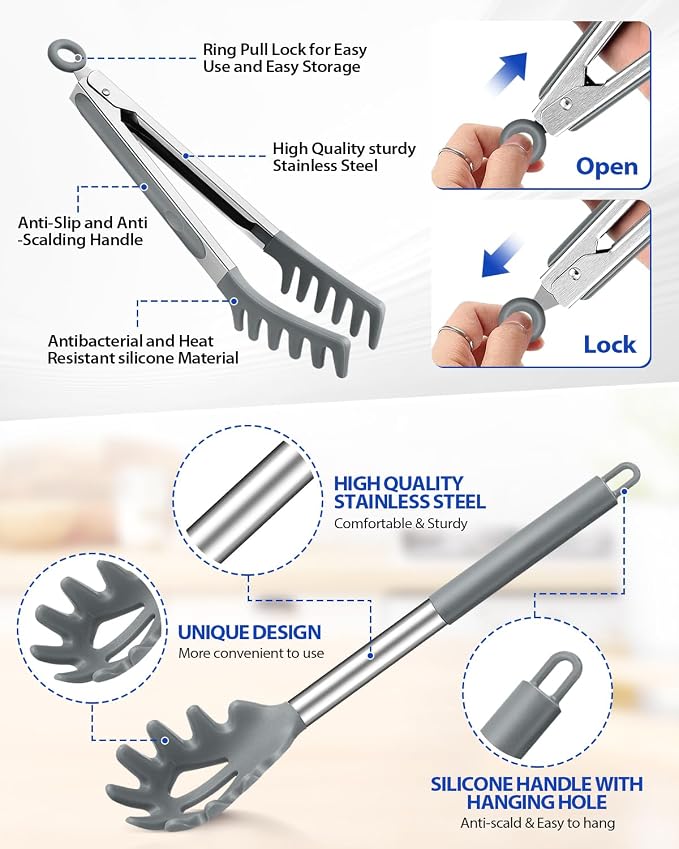 Spaghetti Spoon and Pasta Tong, Non-stick Silicone Spoon Server Fork With Teeth and Stainless Steel Handle, Food Clip for Noodles (Grey)
