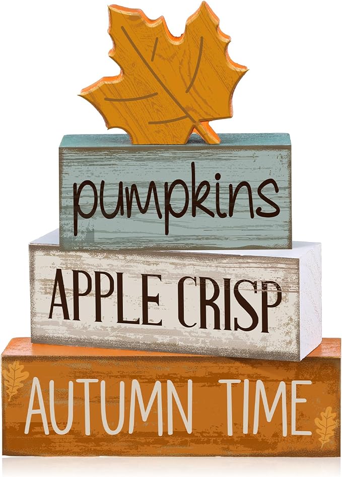 Lineshading 5 Pcs Fall Wood Block Signs Farmhouse Tabletop Decor Maple | Tiered Tray Decorations for Home, Stackable Wooden Blocks, Autumn Harvest Theme with Pumpkins Apple Crisp Text, Rustic