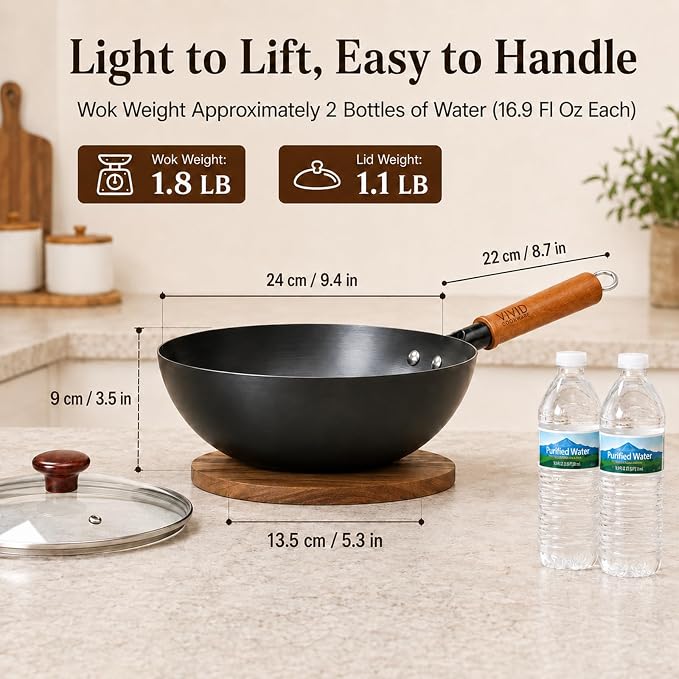 Carbon Steel Wok Pan with Lid, 9.4 Inch Deep Flat Bottom Wok, Coating-Free Carbon Steel Pan for Stir Fry, Soup, Noodles, Braising & Boiling, Small Induction Wok with Wooden Handle