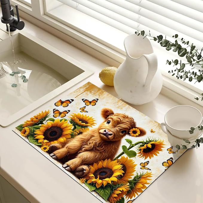 HOMETITUTE Highland Calf Stove Top Cover 28x20 Sunflower Diatomite Mat