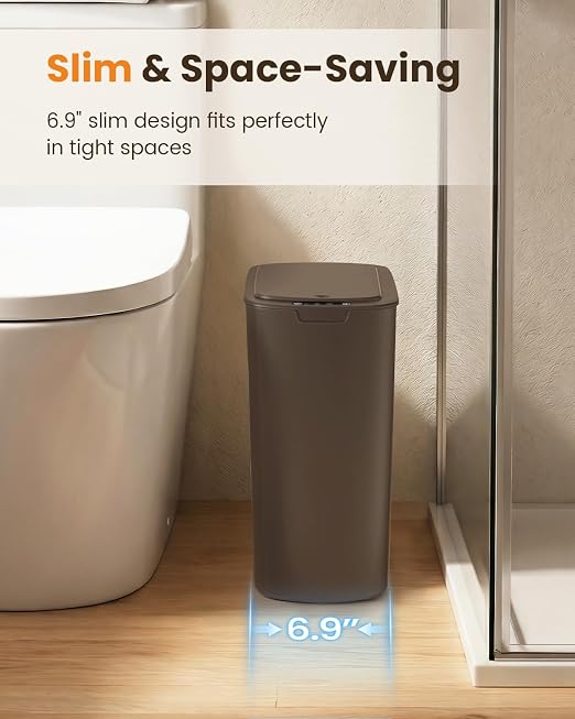Cesun 5 Gallon Automatic Bathroom Trash Can with Lid, Brown, Touchless | Motion Sensor, Slim, Small Smart Garbage Bin, Plastic, Battery Operated, Manual Button, for Office/RV/Bedroom/Living Room