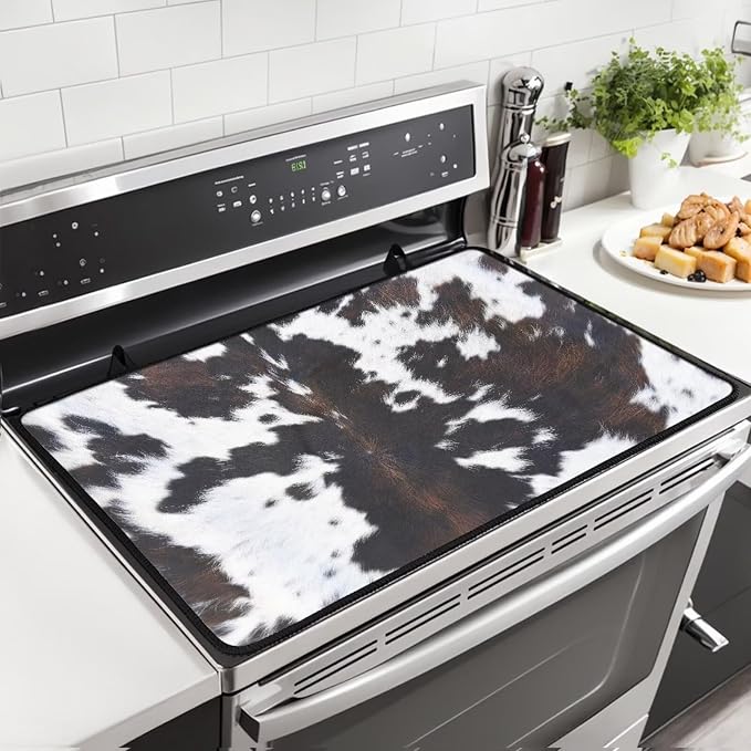 Cow Print Stove Top Covers for Electric Stove Animal fur Black Brown White Classic Glass Top Gas Stove Pad Heat Resistant Range Cooktop Mat for Kitchen 28"x20"