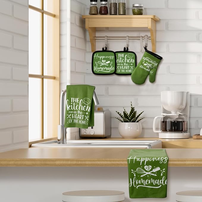 Sratte 6 Pcs Kitchen Decor Accessories Set, Kitchen, Avocado Green | Farmhouse Kitchen Towels Pot Holders Oven Mitts Set 2 Dish Towels 2 Potholders 2 Cooking Mittens for Baking Cooking Supply