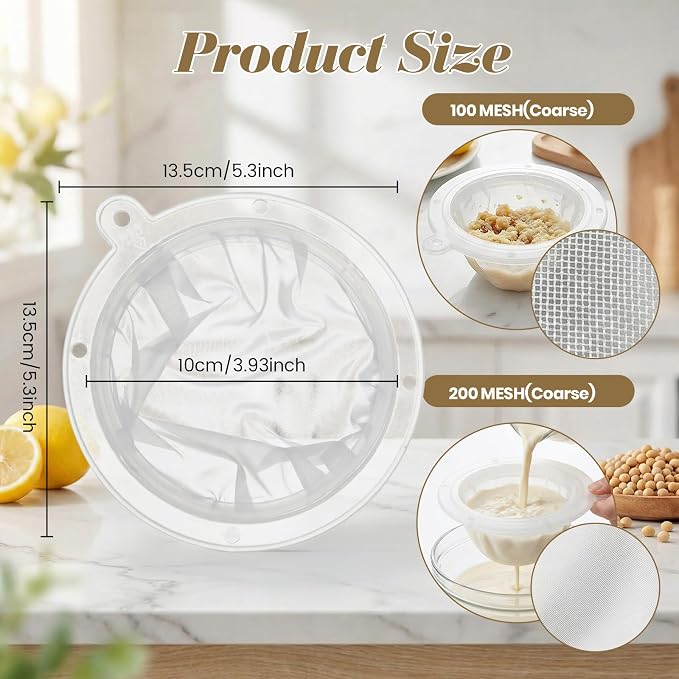 4PCS Food Filter Strainer, 5 Inch Reusable Nylon Plastic Strainer for Oils, Juice, Kefir,Wine, Coffee, Milk, Tea, Powder,Nut Milk,Honey(200+100 Mesh)