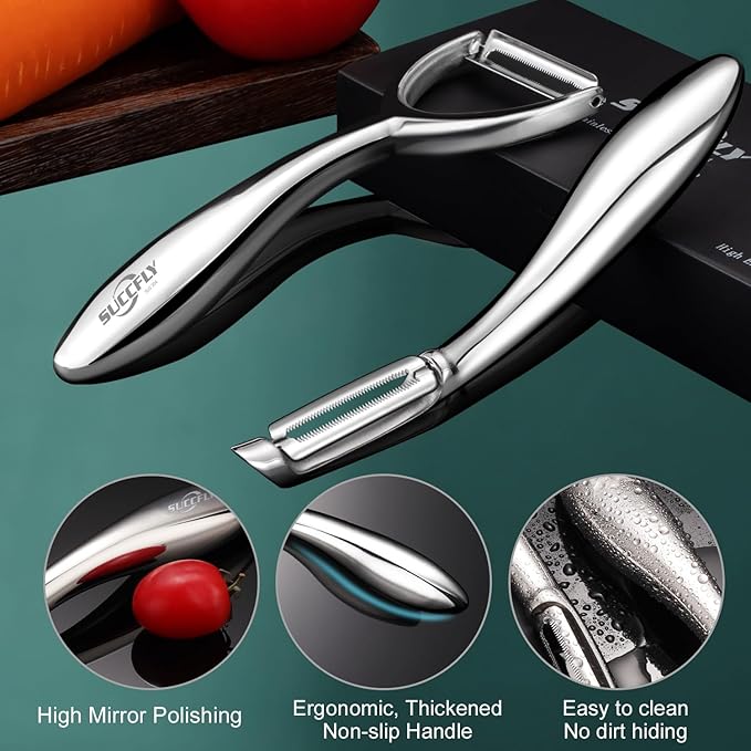 SUCCFLY Potato Peeler Stainless Steel, Premium Vegetable Peeler for Kitchen | Ultra Sharp Fruit & Veggie Peeler, Carrot Cucumber I Peeler, 420J2 Serrated Blade, Ergonomic Non-Slip Handle, 5-Year Warranty