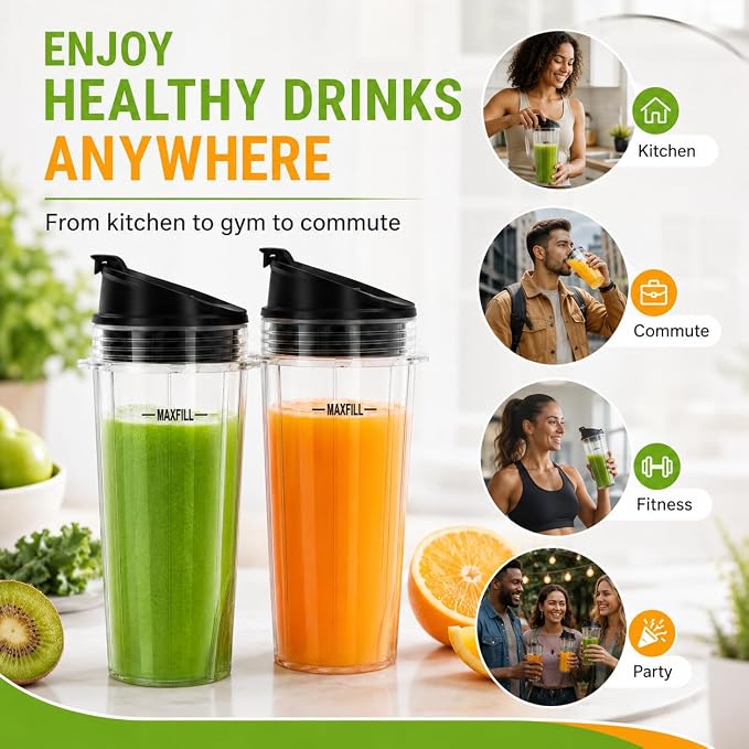 16 oz Ninja Blender Cups Replacement, 3 Pack Cups with Lids, Compatible with QB3001SS, BL660, BL770, BL780, BL740, BL810, 4-Tab Nutri Ninja Blender Cups