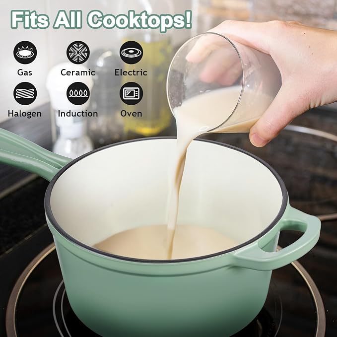 Leonyo 3 Quart Cast Iron Saucepan, Kitchen Cookware Pot, Pistachio Green | For Kitchen Induction Boiling Soup, Bread, Pasta - Up to 500°F & 8Lbs
