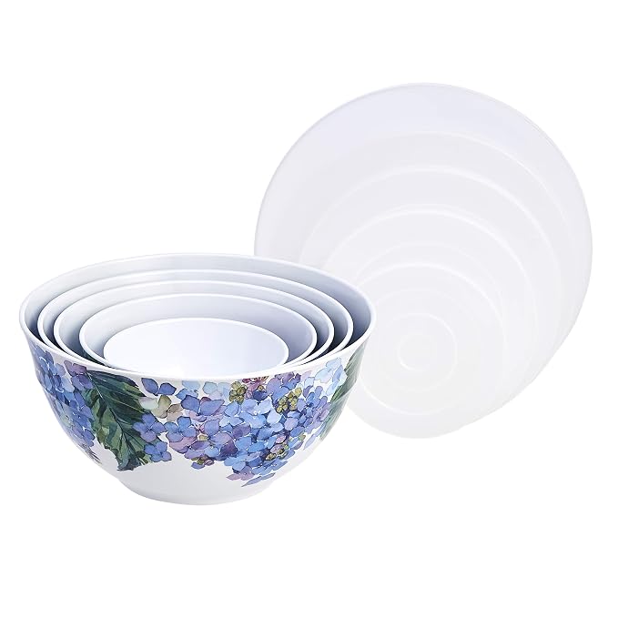 Amazon Basics Mixing Bowls with Lids, Nesting Melamine Serving Bowls, Non-Slip Base, BPA Free, Dishwasher Safe, 5 Sizes, Hydrangea Floral, Set of 10 (Pack of 2)