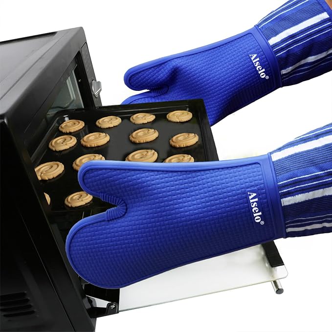Alselo Silicone Oven Mitts Set, Heat Resistant 550 Degree,7.5"x16" | Extra Long Kitchen Mittens,Waterproof & Non-Silp Oven gloves for Baking Cooking Barbecue Microwave (Extra Long Navy, 2)