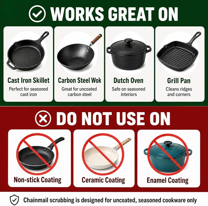Cast Iron Scrubber and Scraper | 316 Chainmail Scrubber for Cast Iron Pan | Chain Mail Scrubber for Cast Iron Skillet Cleaner | Dishes Pots Wok Griddle Grill | Dish Scouring Pad Dishwasher Safe, Black2