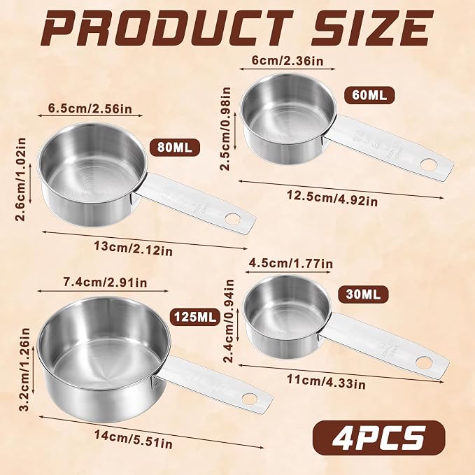 Stainless Steel Measuring Cups Set of 4, Kitchen Gadgets Stackable Metal Measuring Cup for Cooking Baking Dry Wet Ingredients and Liquid, Dishwasher Safe, Solid Flat Handle