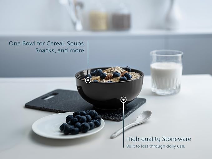 KooK Soup Bowls, Cereal Bowl, Ceramic, Bowls for Kitchen, Microwave, Dishwasher and Freezer Safe, Porcelain Dishes for Pasta, Salad, Oatmeal, Deep Interior, 20 oz, Set of 6, (Black)
