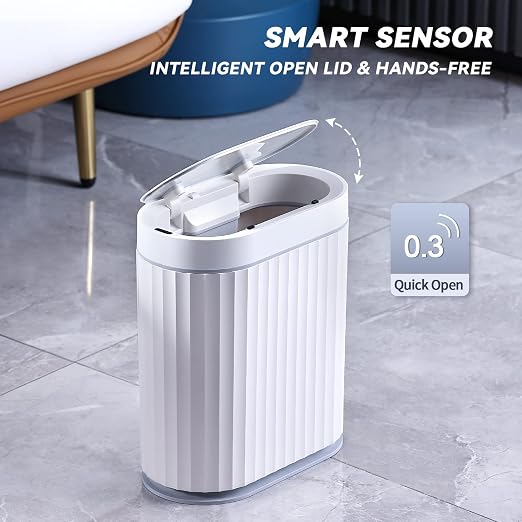 ELPHECO Bathroom Trash Can with Lid, 2 Gallon, Motion Sensor, White Grey | Automatic Garbage Can, Slim Plastic Wastebasket, Smart Trash Bin for Bedroom, Bathroom and Office