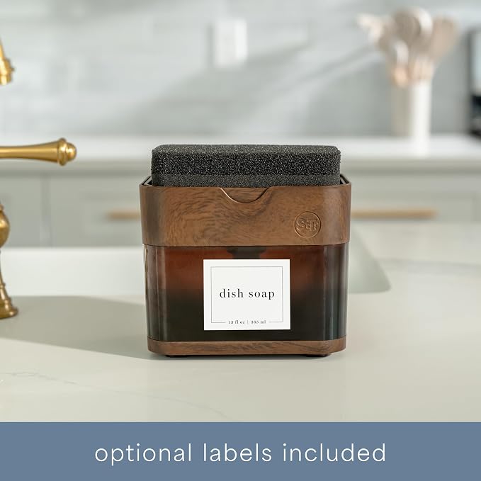 S&T INC. Dish Soap Dispenser and Sponge Holder, Plastic Walnut and Amber | Patented Design, Holds 13 Fluid Ounces, Sponge and Waterproof Labels Included, Non-Slip Feet