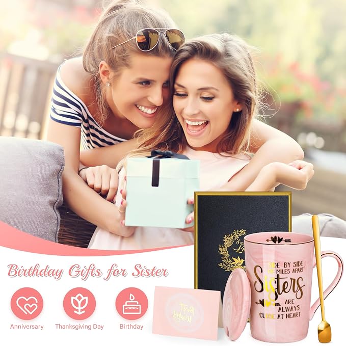 Sister Birthday Gifts for Sister from Brother Sisters, 14oz Sisters Mug | 14oz Pink Marble Coffee Mug with Gold Print, Lid, Spoon, Greeting Card and Elegant Gift Box, Present for Big Sister